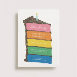 Rainbow Layer Cake Geburtstagsparty Einladung<br><div class="desc">Die perfekte Einladung für Ihre nächste Geburtstagsfeier! Egal, ob Sie für Kinder oder Erwachsene einen Schlag werfen, dieses Design wird sicher eine Aussage treffen. Das Herzstück der Einladung ist ein wunderschön illustrierter Geburtstagskuchen mit Regenbogenschichten und üppigem Schokolade-Zuckerguss. Die Typografie für die Einladung ist auf jeder Kuchenschicht eingebettet und fügt eine...</div>