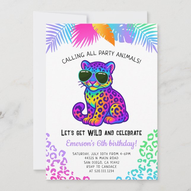 Rainbow Leopard Party Animals Birthday Invitation Einladung (Vorderseite)
