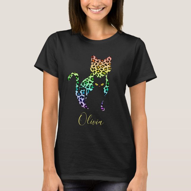 Rainbow Leopard Print Cat Silhouette & Black Kitty T-Shirt (Vorderseite)