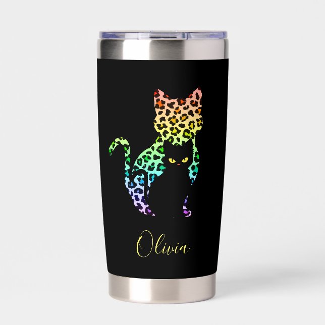 Rainbow Leopard Print Cat Silhouette & Black Kitty Thermobecher (Vorderseite)