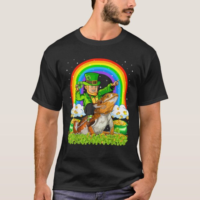 Rainbow Leprechaun Reiten Bearded Dragon St Patric T-Shirt (Vorderseite)