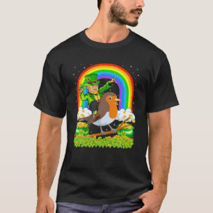 Rainbow Leprechaun Riding American Robin Bird St P T-Shirt