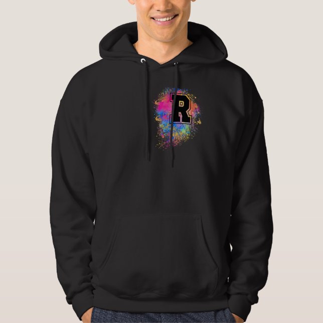 Rainbow Letter R Erstmaliges Mit Monogramm Rosa Hoodie (Vorderseite)
