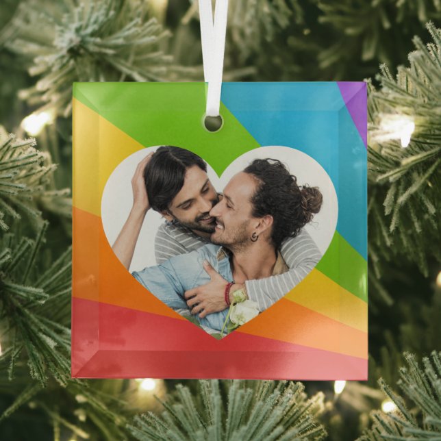 Rainbow LGBT Couple Foto Romantische Herzweihen Ornament Aus Glas (Insitu)