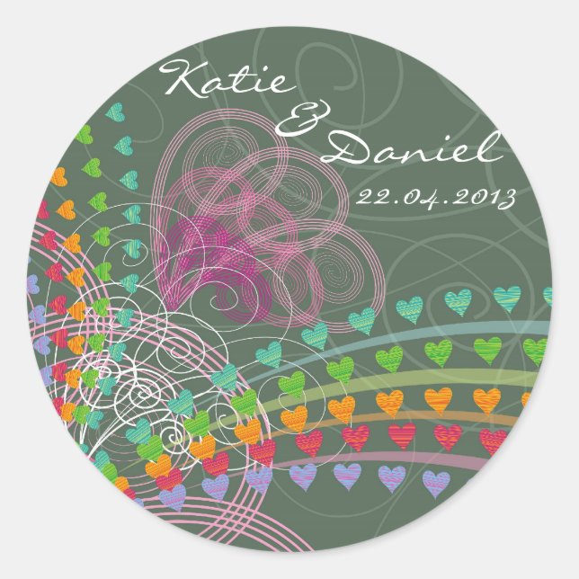 Rainbow Liebe Hört Rosa Wirbel Hochzeitsticker Runder Aufkleber (Vorderseite)