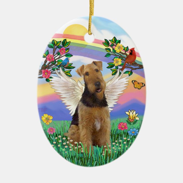 Rainbow Life - Airedale Angel Keramikornament (Vorne)