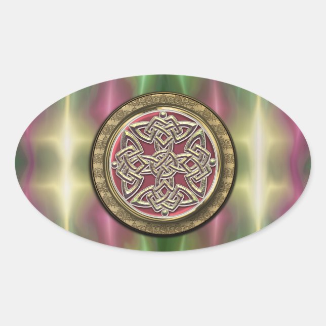 Rainbow Lights Gold Stone Celtic Shield Knot Ovaler Aufkleber (Vorderseite)
