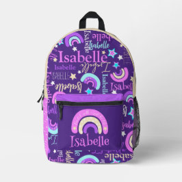 Rainbow lila rosa gelbe Stars Name Isabelle Bedruckter Rucksack