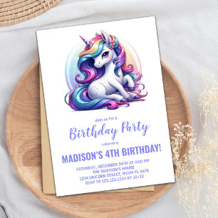 Rainbow Lila Unicorn Einladung zum Geburtstag