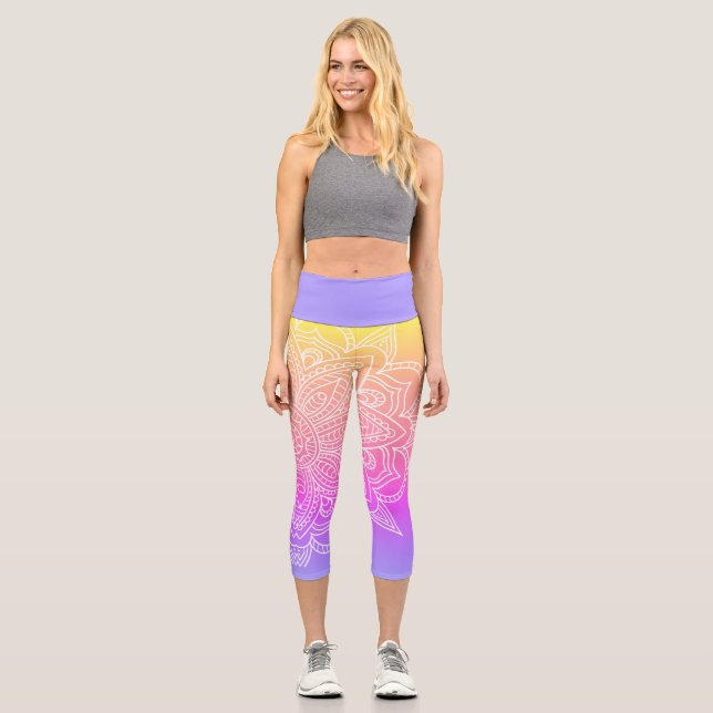 Rainbow Lila & White Mandala Yoga Capri Leggings (Vorderseite)