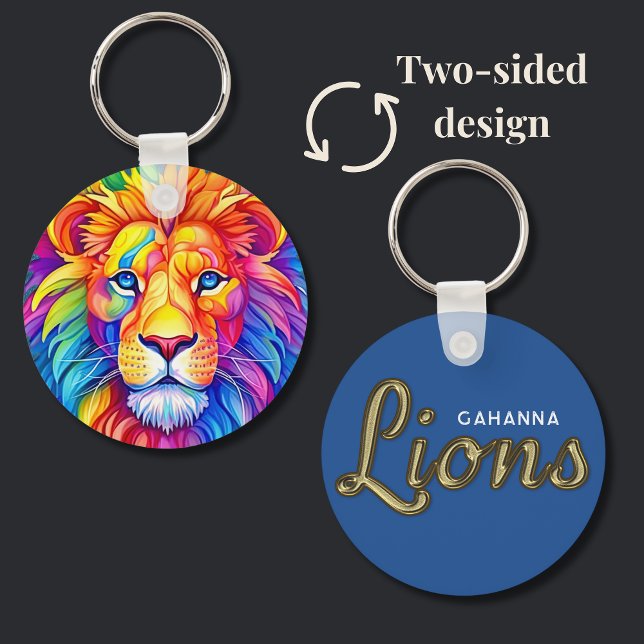 Rainbow Lion Head Zweiseitiger Individuelle Name Schlüsselanhänger (Made especially for the Gahanna Lions, this rainbow lion keychain shows school pride. )