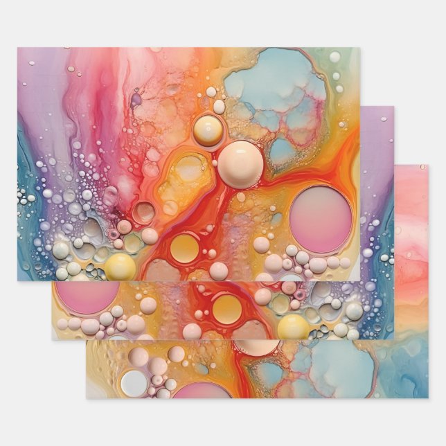 Rainbow Liquid Pour Cells Art Abstraktes Design Geschenkpapier Set (Set)