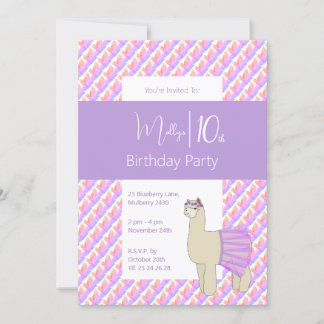 Rainbow Llama Lila Girls 10. Geburtstag Einladung