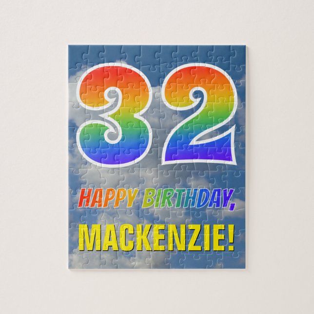 Rainbow Look "32" & "HAPPY BIRTHDAY", Cloudy Sky Puzzle (Vertikal)