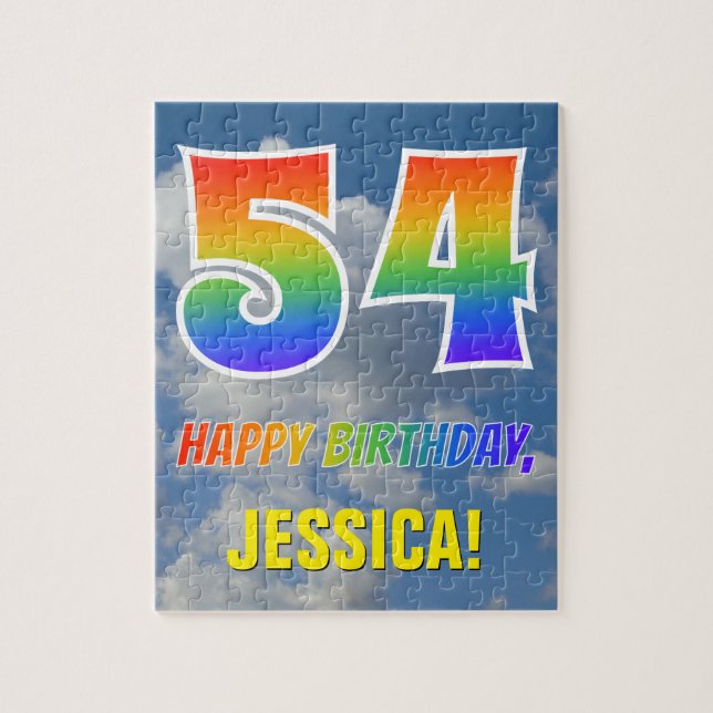 Rainbow Look "54" & "HAPPY BIRTHDAY", Cloudy Sky Puzzle (Vertikal)