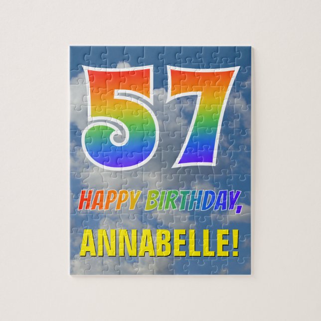 Rainbow Look "57" & "HAPPY BIRTHDAY", Cloudy Sky Puzzle (Vertikal)