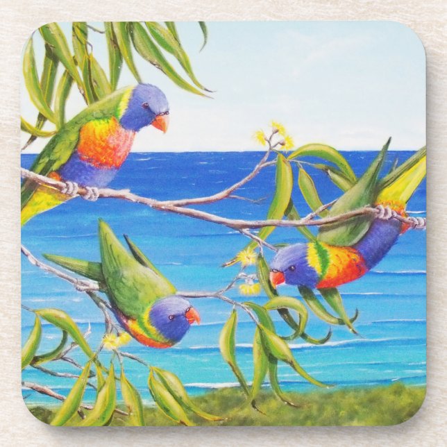 Rainbow Lorikeet Beachy Blue Australian Painting Getränkeuntersetzer (Vorderseite)