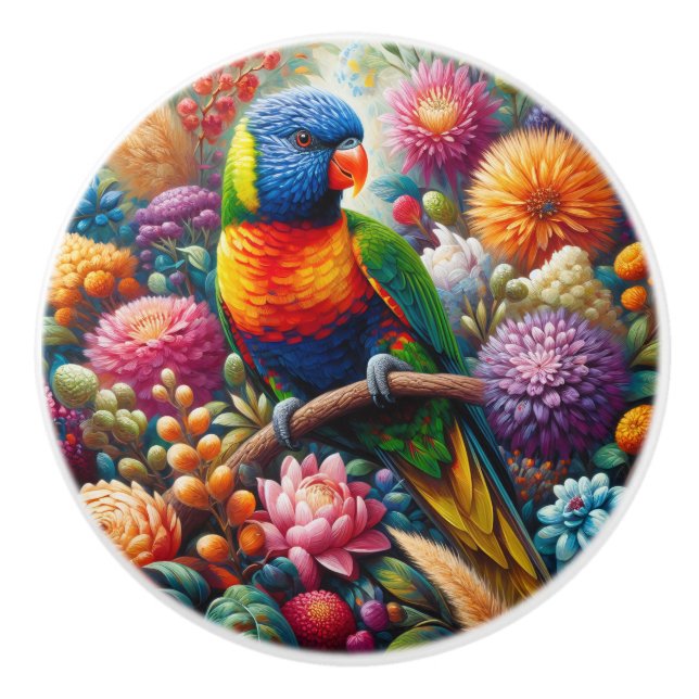 Rainbow Lorikeet Parrot mit bunten Blume Keramikknauf (Vorderseite)