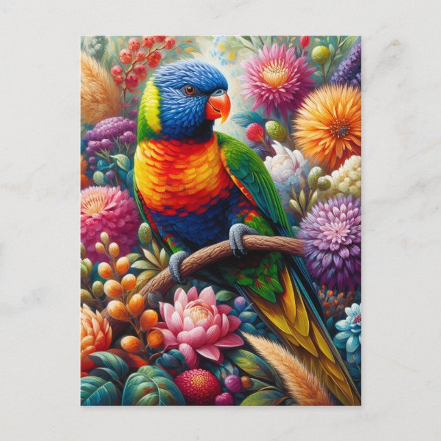 Rainbow Lorikeet Parrot mit bunten Blume Postkarte (Vorderseite)