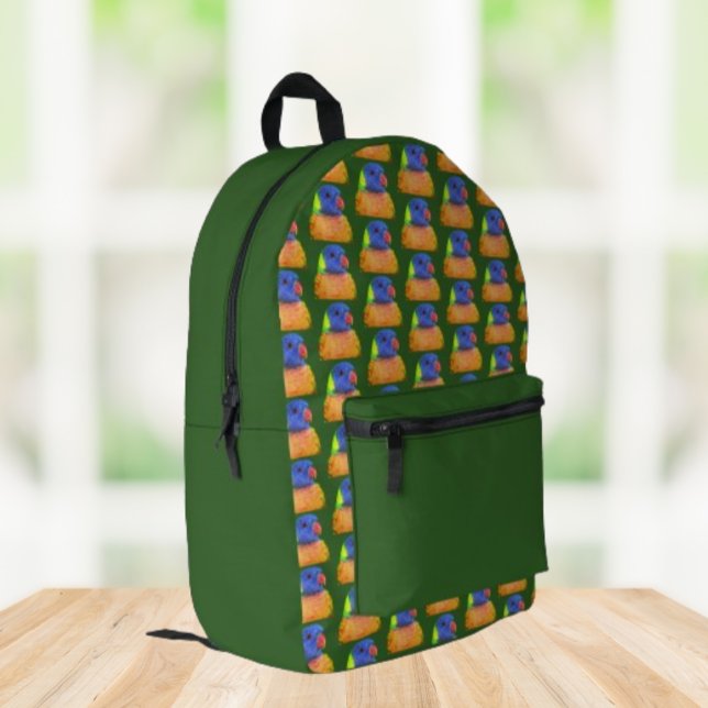 Rainbow Lorikeet Parrot Pattern auf Green Bedruckter Rucksack (In Situ Angled)