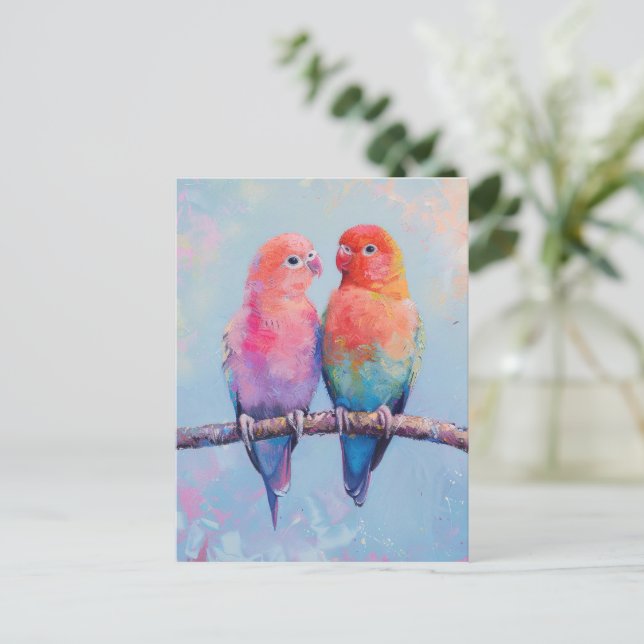 Rainbow Love Birds Postkarte (Stehend Vorderseite)