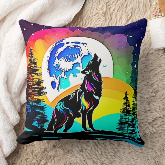 Rainbow Lunar Wolf Howl Art Kissen (Decke)