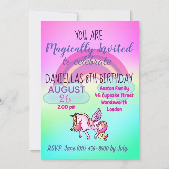 Rainbow Magical Unicorn Party Happy Birthday Einladung (Vorderseite)