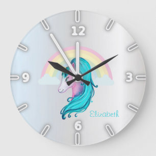 Rainbow Magical Watercolor Unicorn , Silver Große Wanduhr