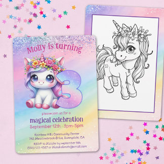 Rainbow magische Unicorn 3. Geburtstag Einladung