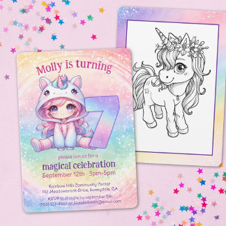 Rainbow magische Unicorn-Keule 7. Geburtstag Einladung
