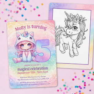 Rainbow magisches chibi Girl Unicorn 5. Geburtstag Einladung