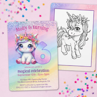 Rainbow magisches Unicorn zum 6. Geburtstag Einladung