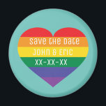 Rainbow Magnet<br><div class="desc">This magnet feature a rainbow heart containing the words,  "Save the date" and a template for the paar's first names and date event. Show your true colors,  Medium equality and celebrate gay pride.</div>