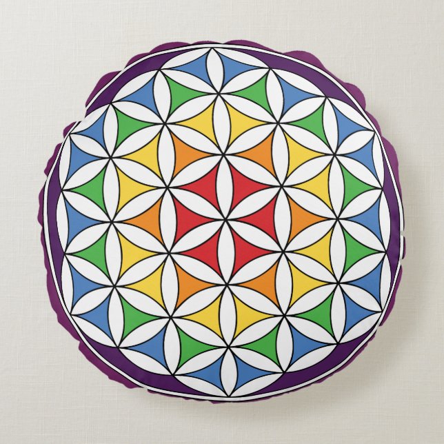 Rainbow Mandala Blume of Life Rundes Kissen (Vorderseite)