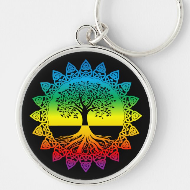 Rainbow Mandala Celtic Tree of Life on Black Schlüsselanhänger (Vorne)