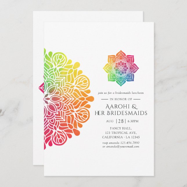 Rainbow Mandala Indian Bridesmaids Luncheon Einladung (Vorne/Hinten)