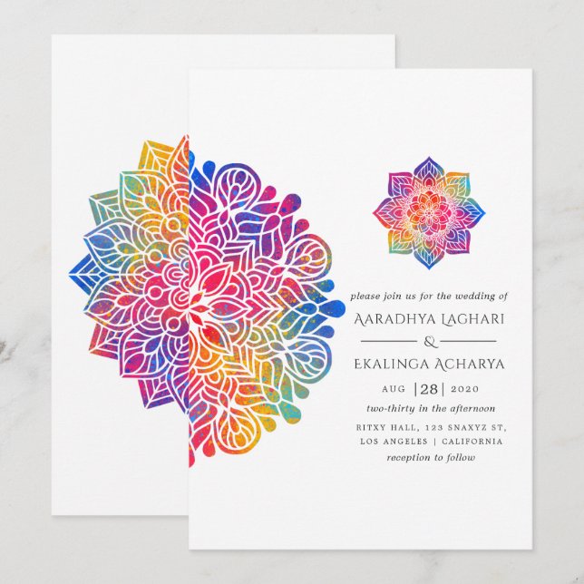 Rainbow Mandala Indian Wedding Einladung (Vorne/Hinten)