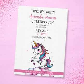 Rainbow Mane Sparkle Unicorn Girl 10th Birthday Einladung