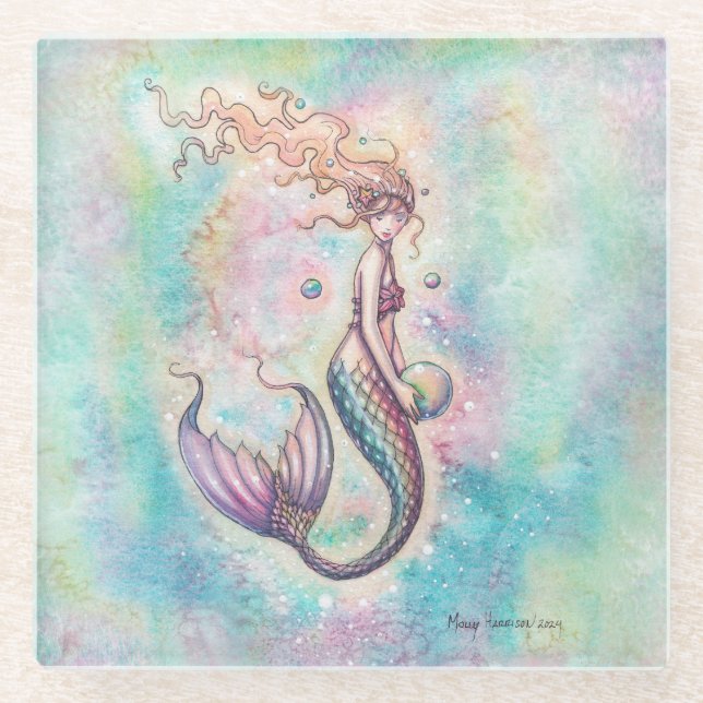 Rainbow Mermaid Fantasy Art von Molly Harrison Glasuntersetzer (Vorderseite)