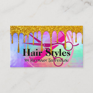 Rainbow Metallic Glitter Drip Friseur Visitenkarte