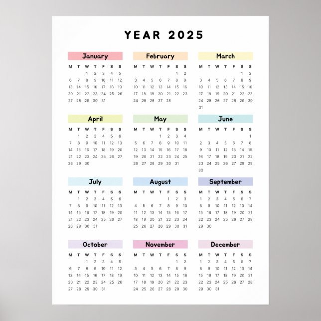 Rainbow Minimalistisch 2025 Calendar Poster (Vorne)