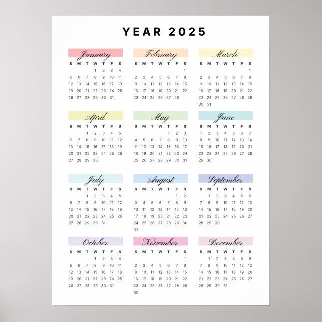 Rainbow Minimalistisch 2025 Calendar Poster (Vorne)