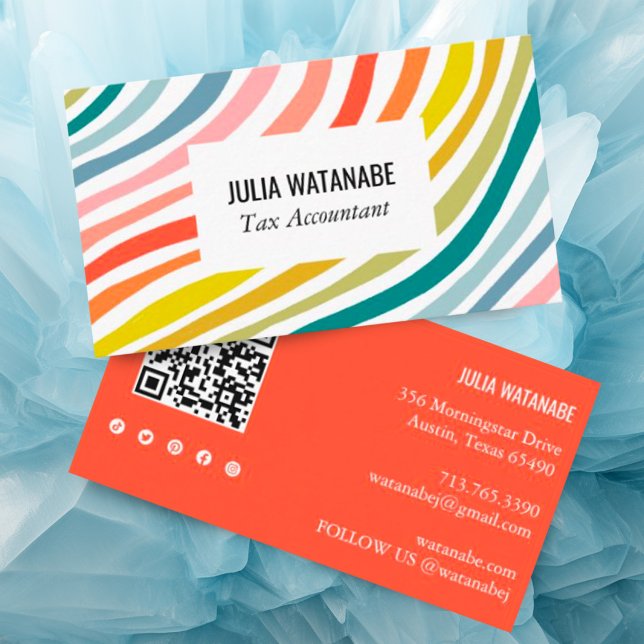 Rainbow Minimalistisch Stripes QR Code Social Medi Visitenkarte (Custom business card with QR code and social media icons and colorful bright bold stripes)