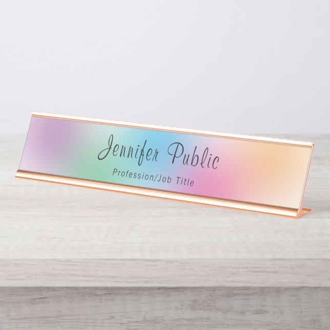 Rainbow Modern Colorful Template Rose Gold Elegant Schreibtischnamensplakette (Vorderseite )