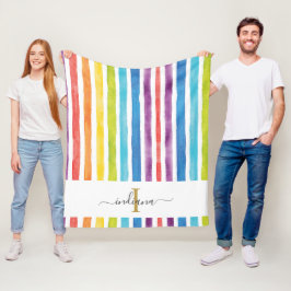 Rainbow Monogram Script Name Watercolor Streifen Fleecedecke