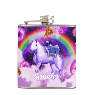 Rainbow-Mops im Weltraum auf einem Einhorn Flachmann