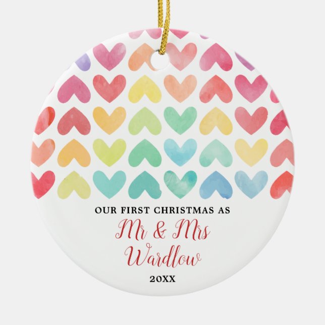 Rainbow Mr. & Mrs. or Gay Personalisiert Couple Keramik Ornament (Vorne)