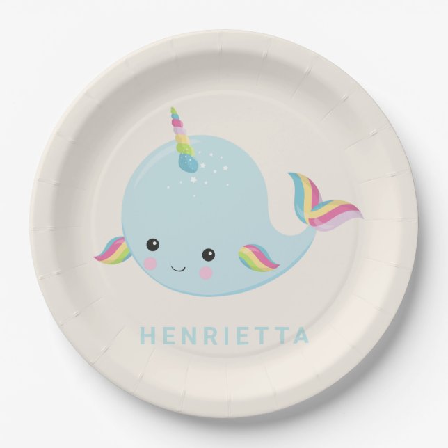 Rainbow Narwhal Kawaii Muster Pastel Blauer Name Pappteller (Vorderseite)