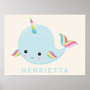 Rainbow Narwhal Kawaii Muster Pastel Blauer Name Poster