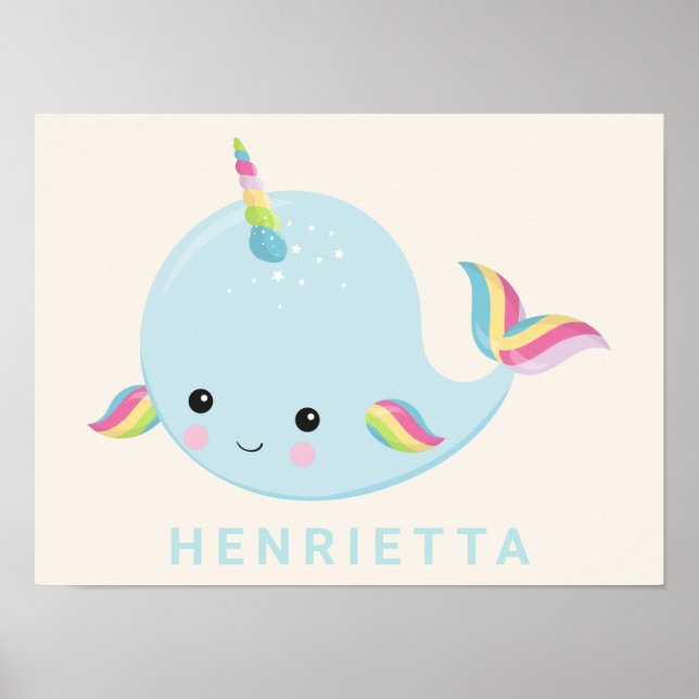 Rainbow Narwhal Kawaii Muster Pastel Blauer Name Poster (Vorne)